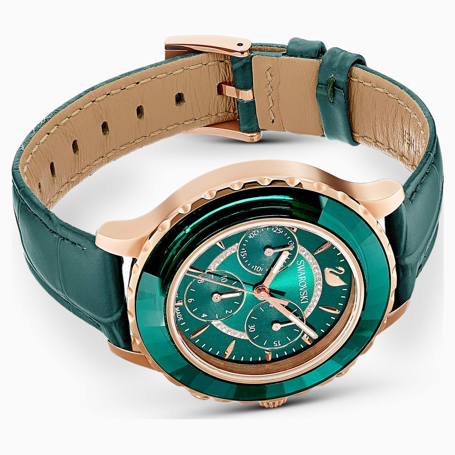 Swarovski Octea Lux Chrono Watch, Leather Strap, Green, Rose-Gold Tone PVD